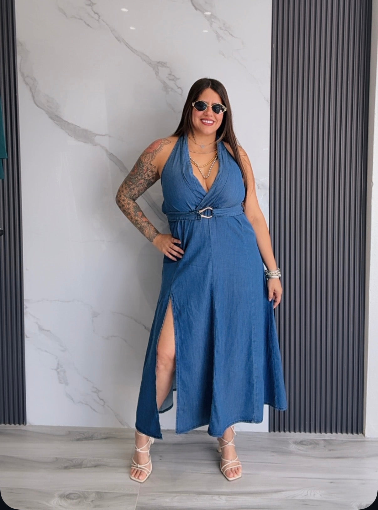 Denim Halter Midi Dress