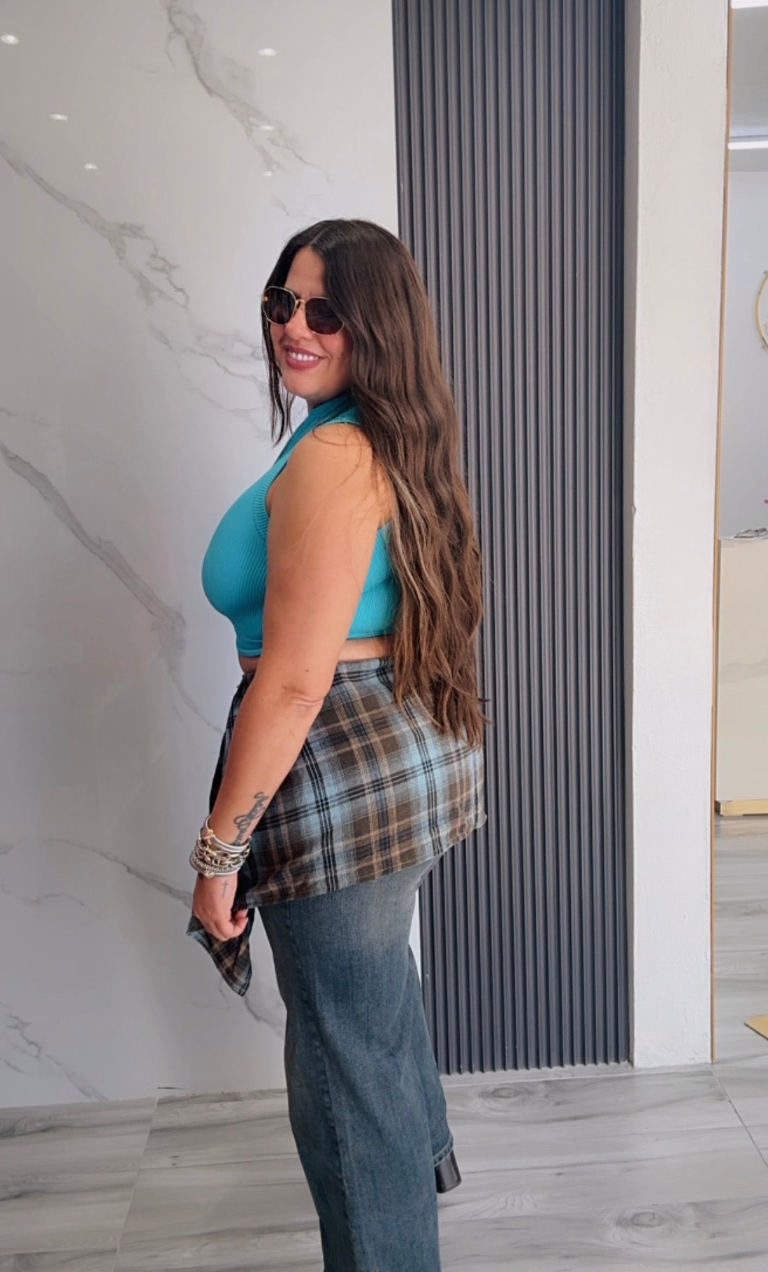 Jeans Wide Leg Plaid Tie