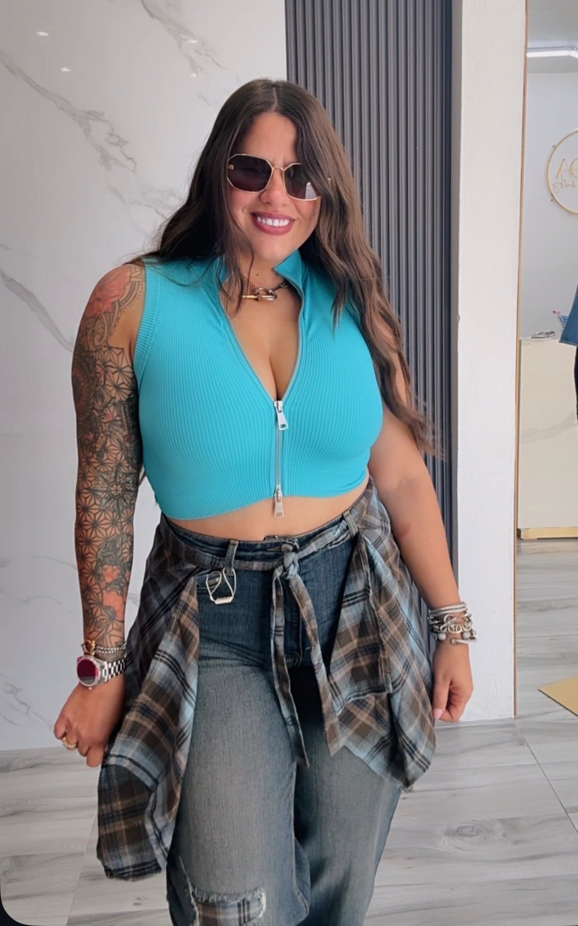 Jeans Wide Leg Plaid Tie