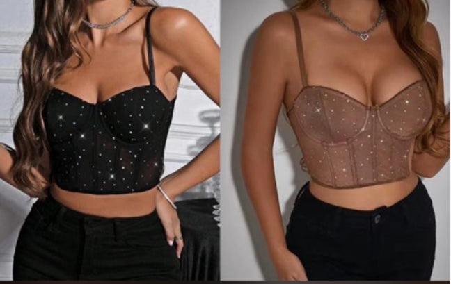 SHEER MESH & RHINESTONE PATTERN CROP TOP