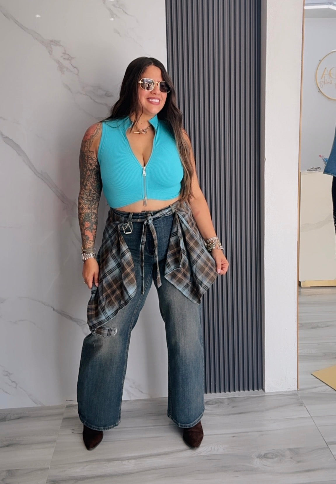 Jeans Wide Leg Plaid Tie