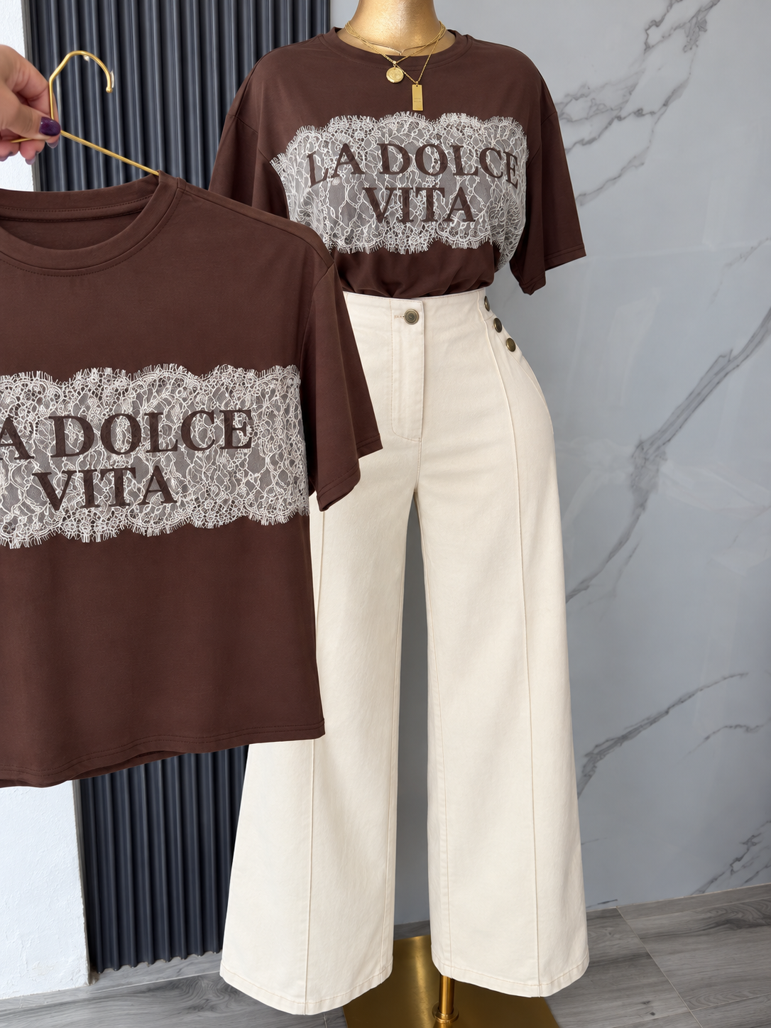 La Dolce Vita Lace Graphic Tee – Brown