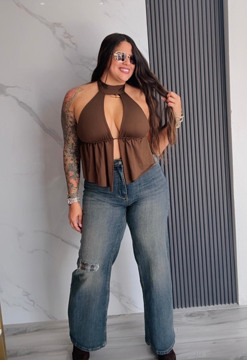 Jeans Wide Leg Plaid Tie